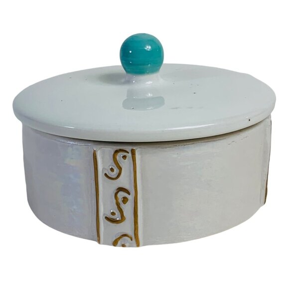 Iridescent Trinket Box Vanity Power Dish Lid Speckled Turquoise Knob Ceramic VTG - Picture 3 of 13